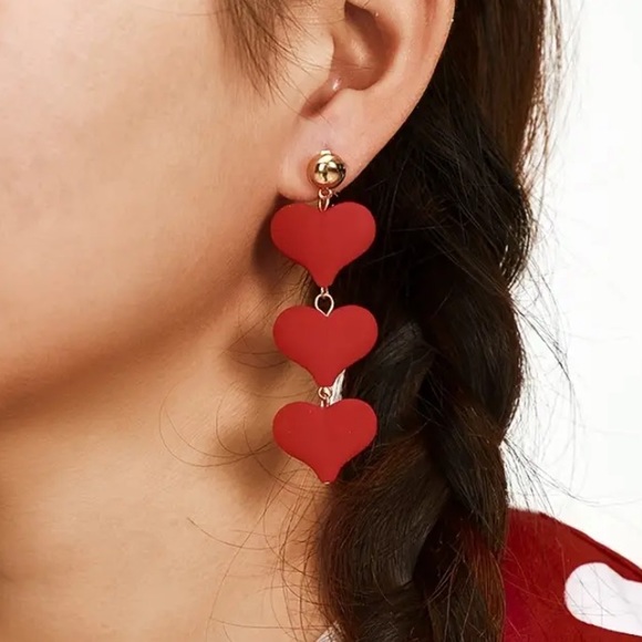 Jewelry - Red Velvet Triple Layer Puffed Heart Gold Toned Stud Earrings